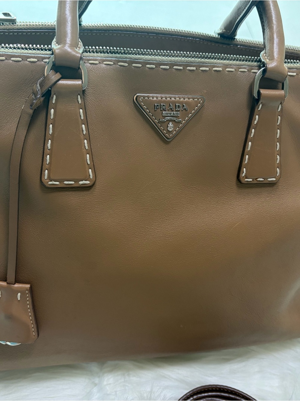 Prada Tan Leather Satchel with Stitch Detailing - Picture 9 of 16